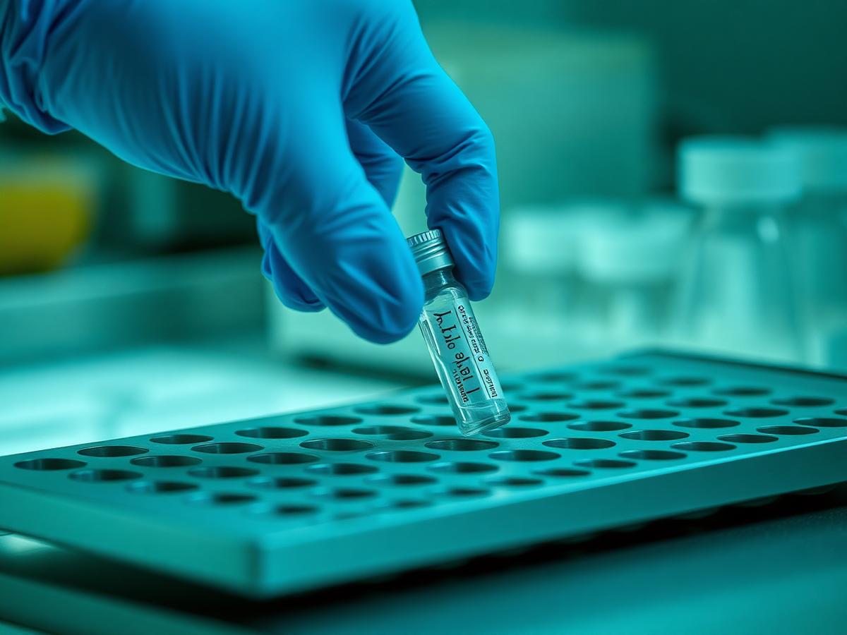 A gloved hand placing a sample vial into an autosampler tray