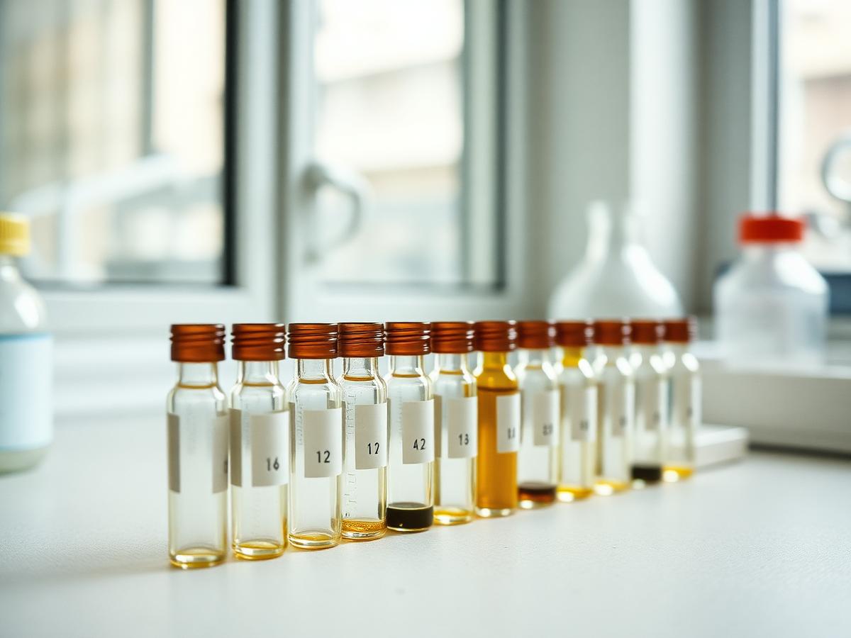 Row of glass sample vials on a laboratory worktop